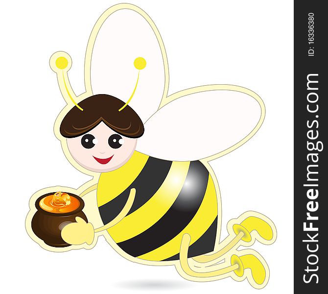 Illustration, bee with pot of the honey on white background