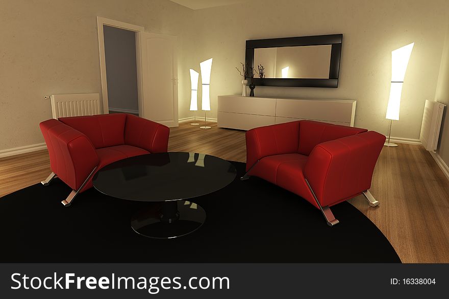 Red sofa on wood floor in design interior