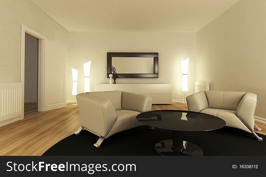 Red sofa on wood floor in design interior