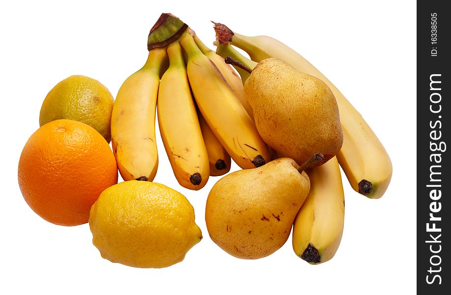Yellow fruit: banana, orange, pear and lemon. Isolated on white background
