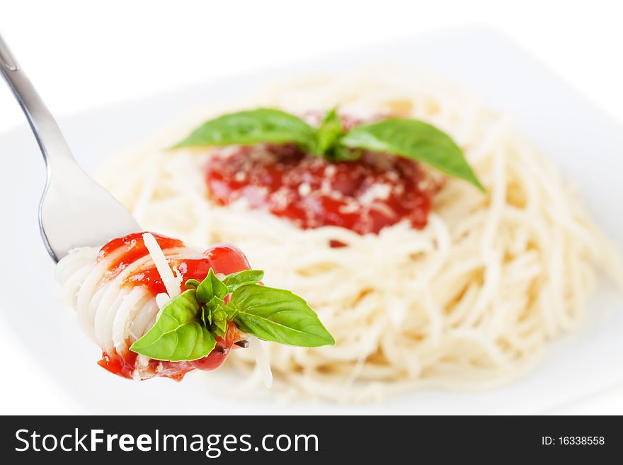 Spaghetti whit tomato sauce on a white backgroundand with soft shadow