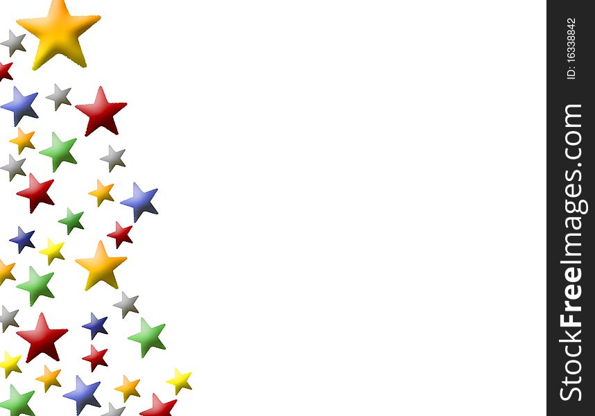 Christmas stars of red, green, yellow, blue and silver on white background