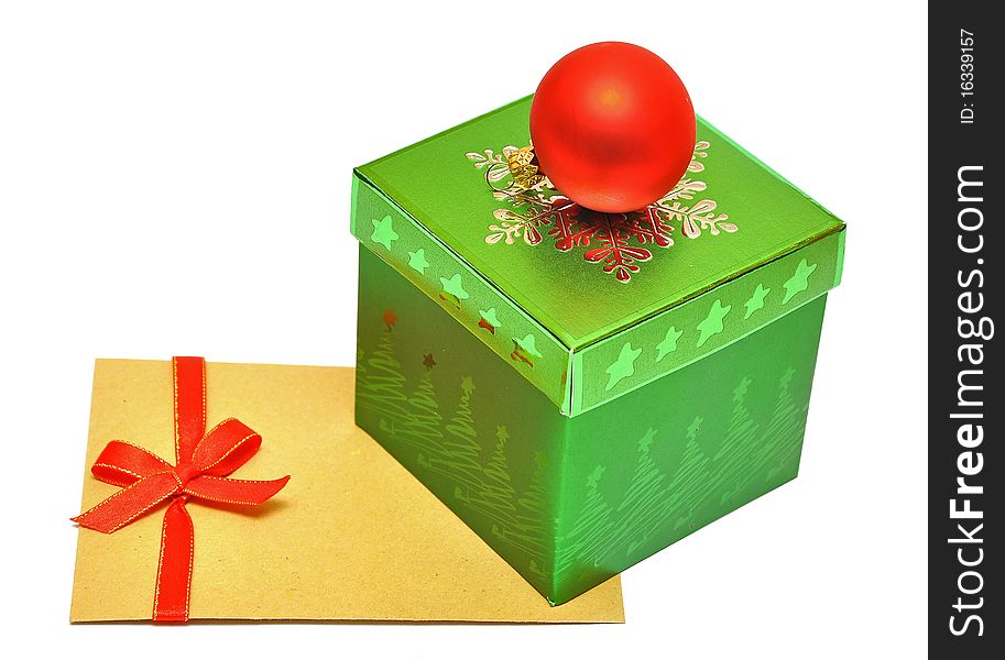 Box for gifts and envelop at christmas on a white background