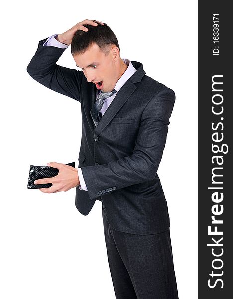 Business man looking at his empty wallet. Isolated on a white background