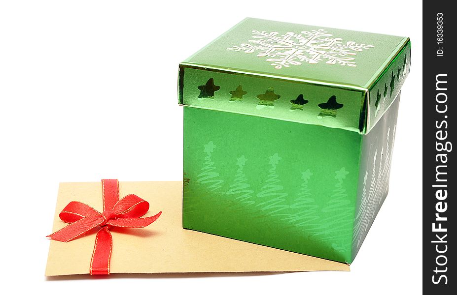 Box for gifts and envelop at christmas on a white background