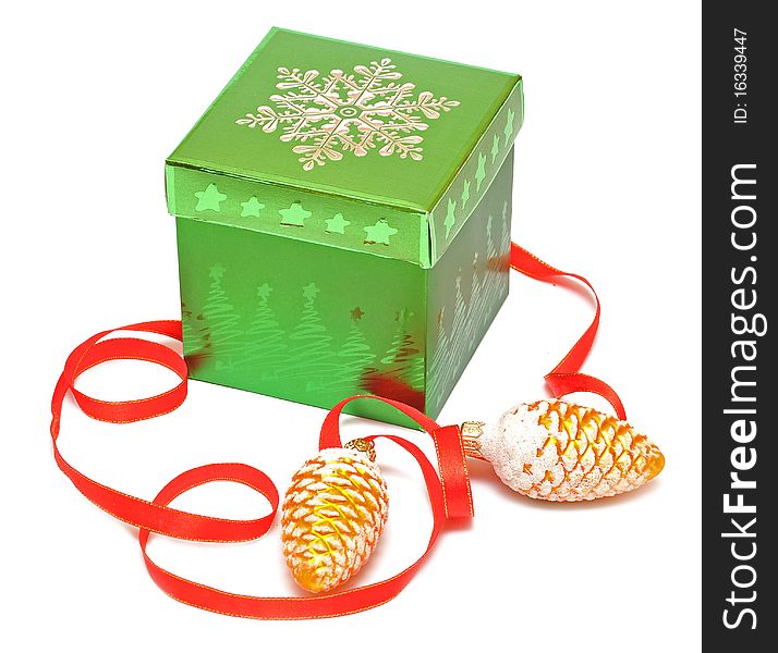 Box for gifts and christmas decoration on a white background