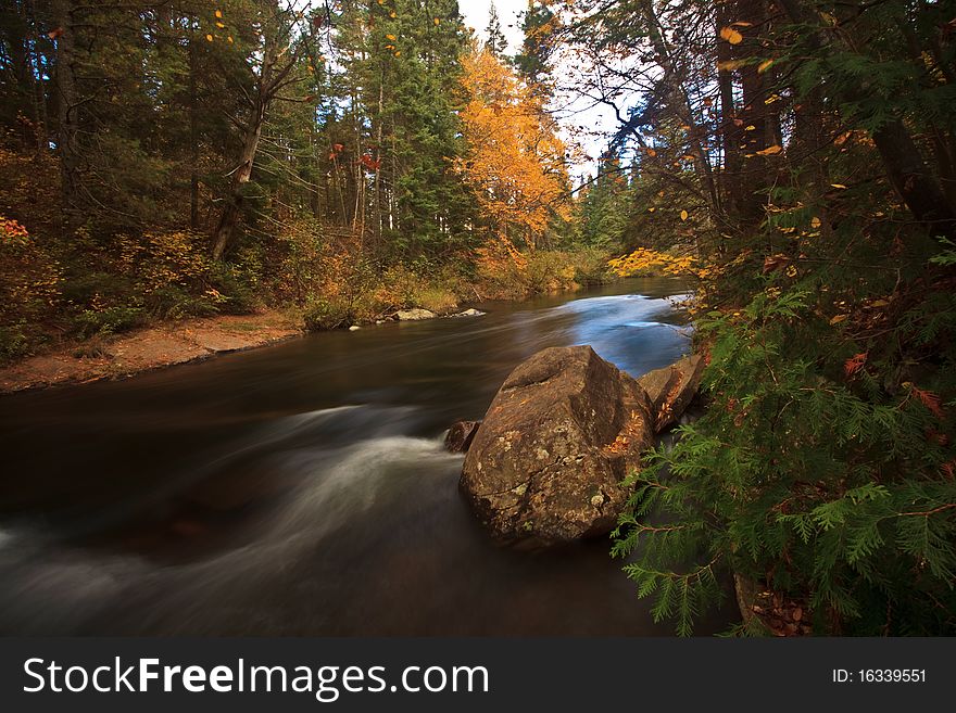 White Rapid taken at fall with yellow fall color at Whiskey Rapids Trail at Algonquin park Ontario Canada. White Rapid taken at fall with yellow fall color at Whiskey Rapids Trail at Algonquin park Ontario Canada.