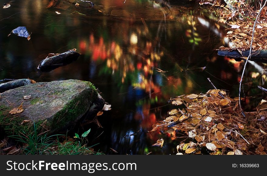 It's a little pond reflect the red leaves beside the pond and there are quite a lot leaves beside the pond. It's a little pond reflect the red leaves beside the pond and there are quite a lot leaves beside the pond.