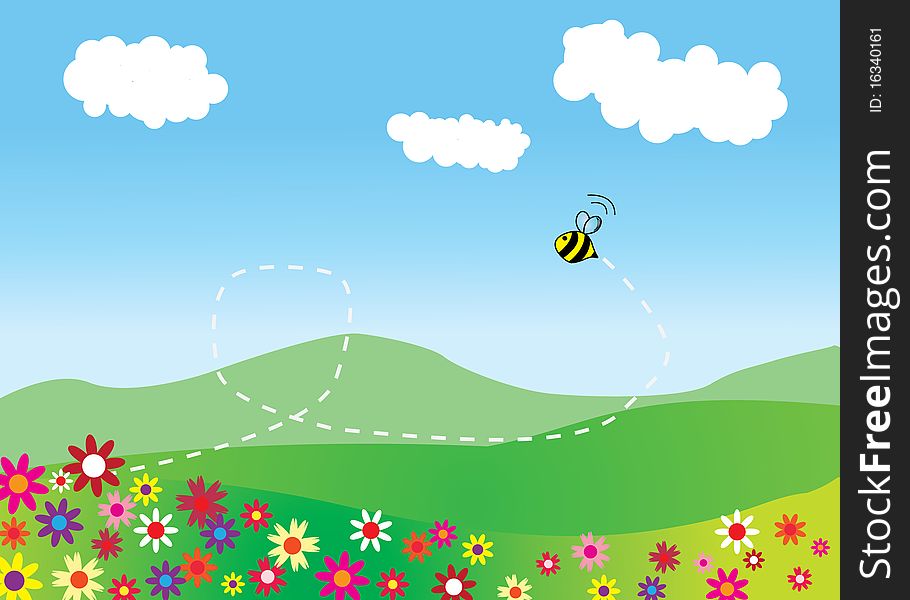 Nature landscape with flowers and flying bee. Nature landscape with flowers and flying bee