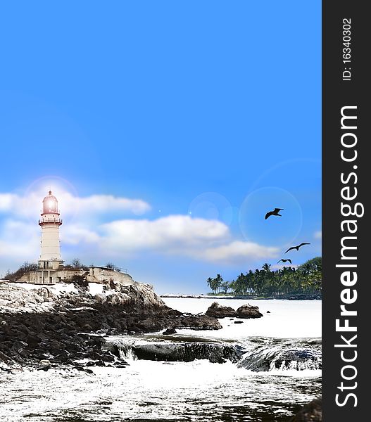 Light house on a snowy coast against blue sky. Light house on a snowy coast against blue sky.