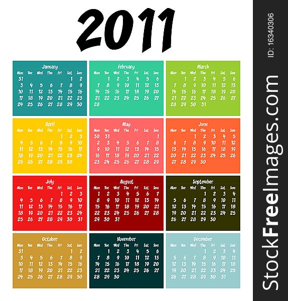 Calendar for 2011 year in many different colours