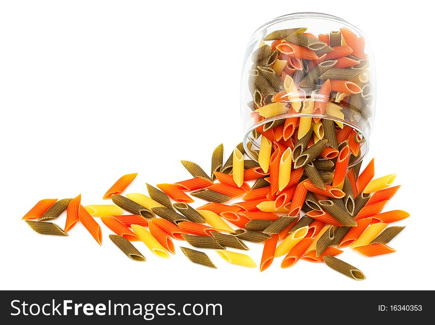 Pasta in glass jar on a white background