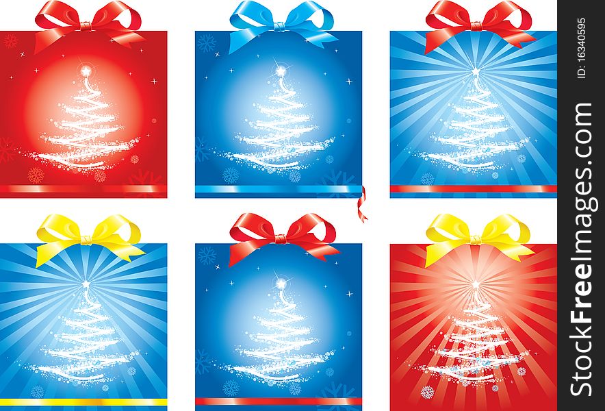 Variants of registration of a gift box by Christmas with a bow and a tape. Variants of registration of a gift box by Christmas with a bow and a tape