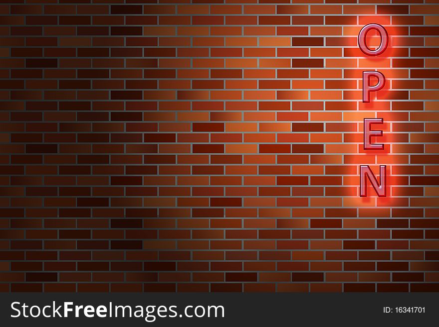 Retro tube sign with open message, placed on brickwall. Retro tube sign with open message, placed on brickwall