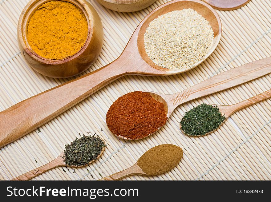 Many different spices in spoons