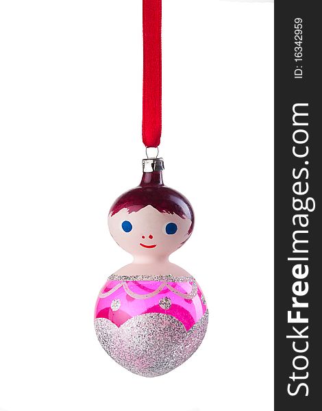 Christmas tree ornament - glass doll, isolated on white background. Christmas tree ornament - glass doll, isolated on white background