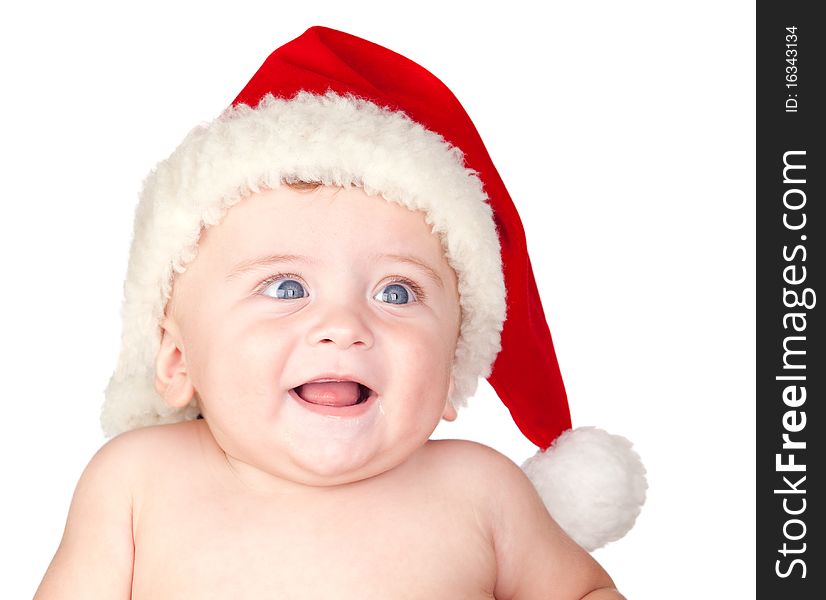 Beautiful babe with blue eyes and Christmas hat isolated on white background