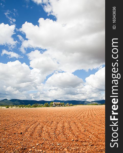 Rural landscape with planted field and little house