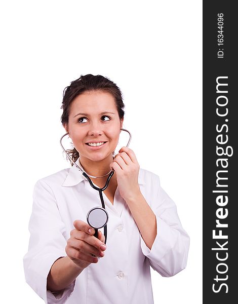 Close-up of a female doctor smiling with stethoscope. Woman Doctor At The Hospital. Close-up of a female doctor smiling with stethoscope. Woman Doctor At The Hospital