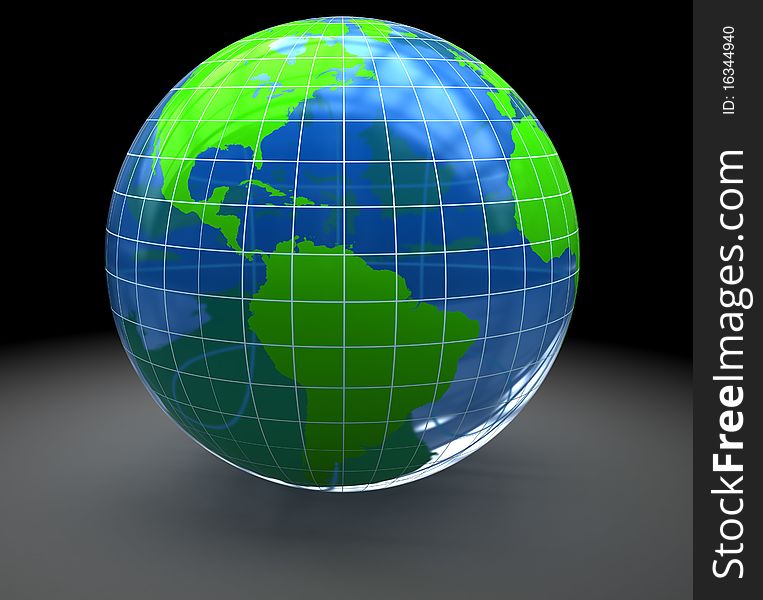 Abstract 3d illustration of glass earth globe over dark background
