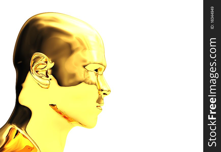 Abstract 3d illustration of golden head over white background with copyspace