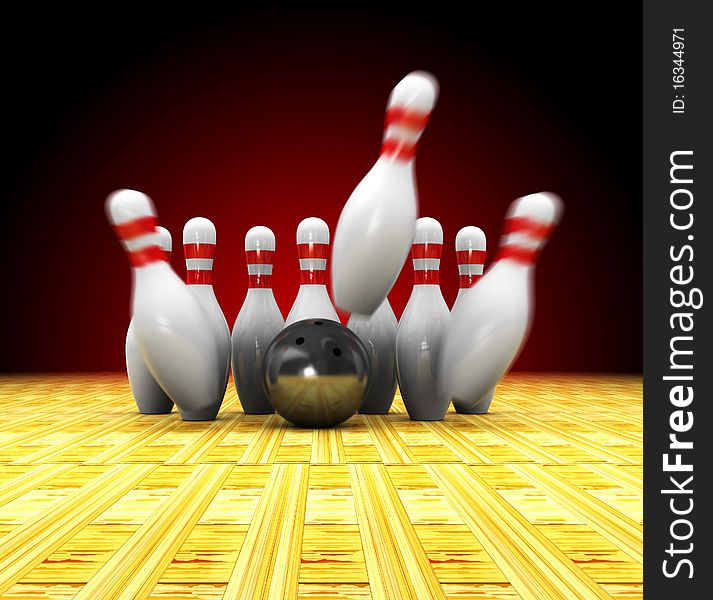 Abstrat 3d illustration of bowling strike over dark red background