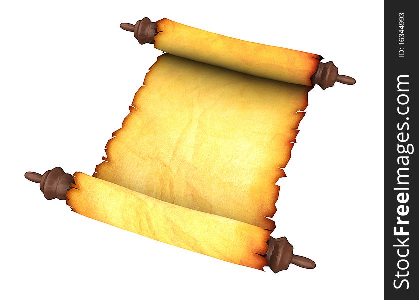 3d illustration of an ancient paper scroll, isolated over white