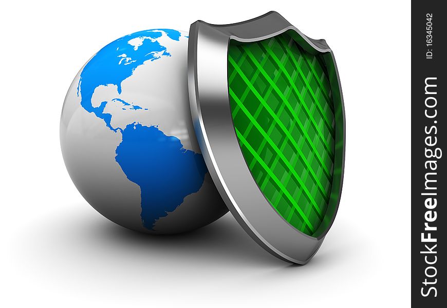 Abstract 3d illustration of earth globe with green shield. Abstract 3d illustration of earth globe with green shield