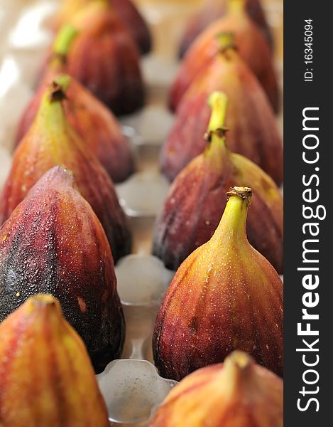 Neatly arranged rows of freshly picked ripe figs. For food and beverage, healthy lifestyle, and fruits and vegetables concepts. Neatly arranged rows of freshly picked ripe figs. For food and beverage, healthy lifestyle, and fruits and vegetables concepts.