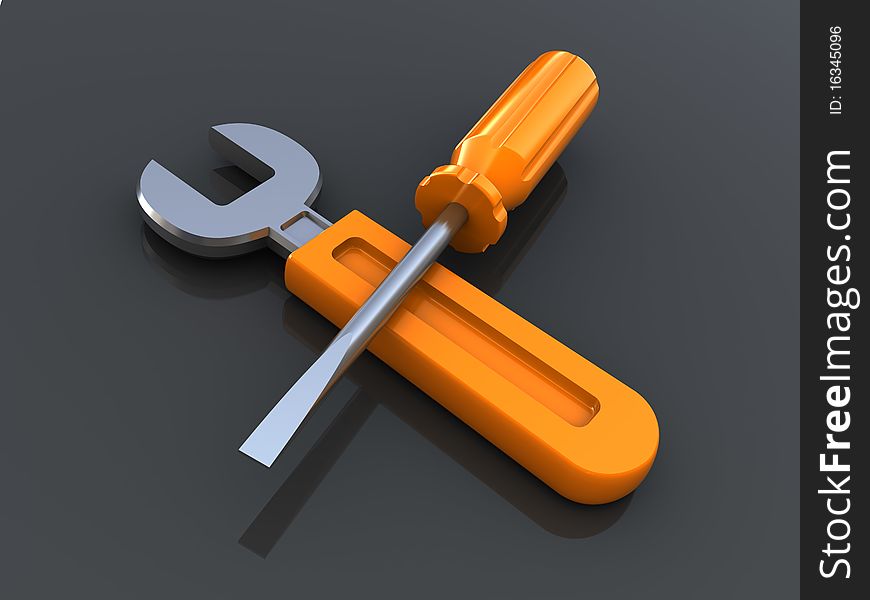 3d illustration of wrench and screwdriver over metal background
