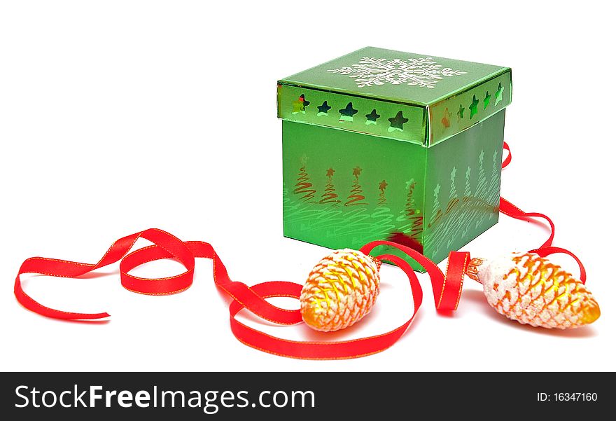 Box for gifts and christmas decoration on a white background