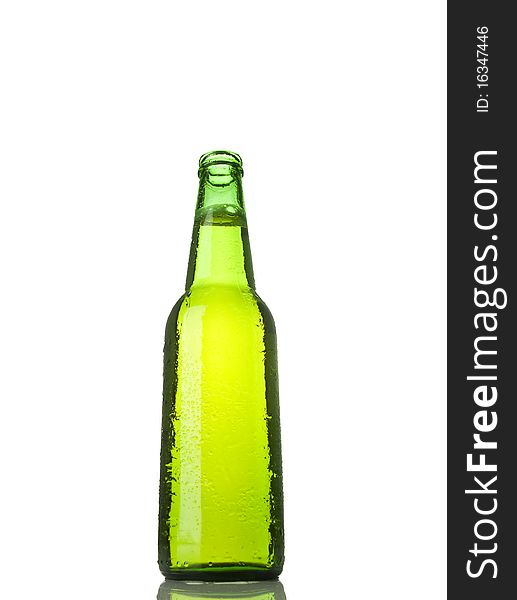 Open bottle of beer on white background