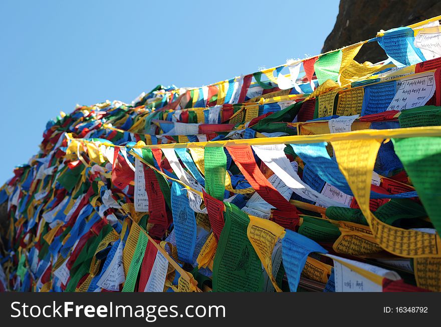 Scenery of colorful prayer flags in Tibet