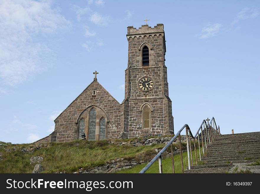 Church building on a hill on the island of Harris in the Scottish Outer Hebrides