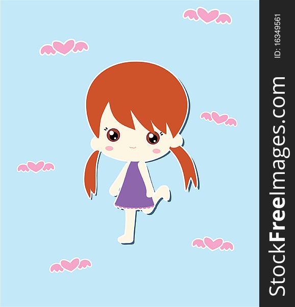Cute girl and flying heartson blue background