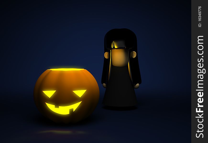 Pumpkin and little girl in a black dress, with black hair, dark-blue background. Pumpkin and little girl in a black dress, with black hair, dark-blue background