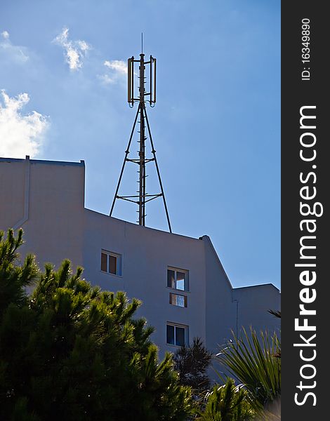 Cellular communication aerials on a building roof