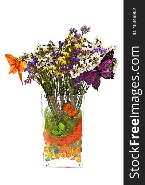 Flowers in glass vase with butterflies. Isolated on white background. Flowers in glass vase with butterflies. Isolated on white background