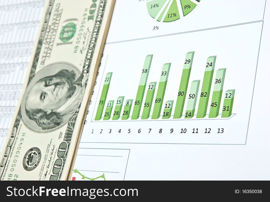 Business still-life with diagrams, charts and money