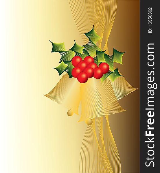Golden Christmas bells decorated with holly and holly berries and a delicate floating vertical line pattern.