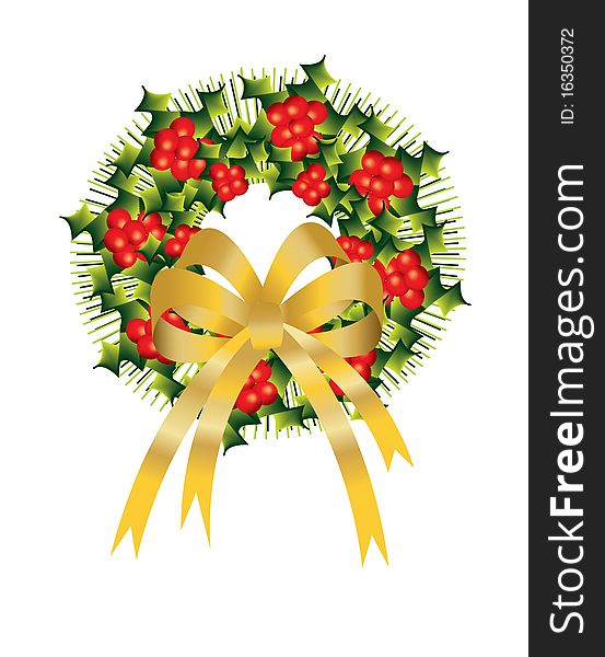 Christmas wreath decorated with holly berries and a large golden bow on a white background. Christmas wreath decorated with holly berries and a large golden bow on a white background