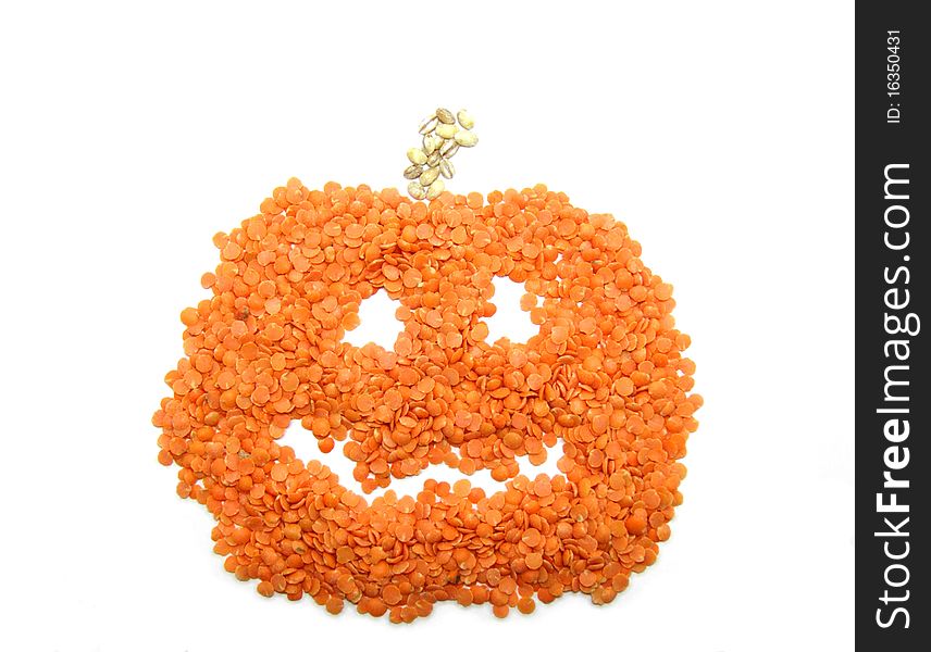 An image of a Halloween pumpkin made from lentils and barley.