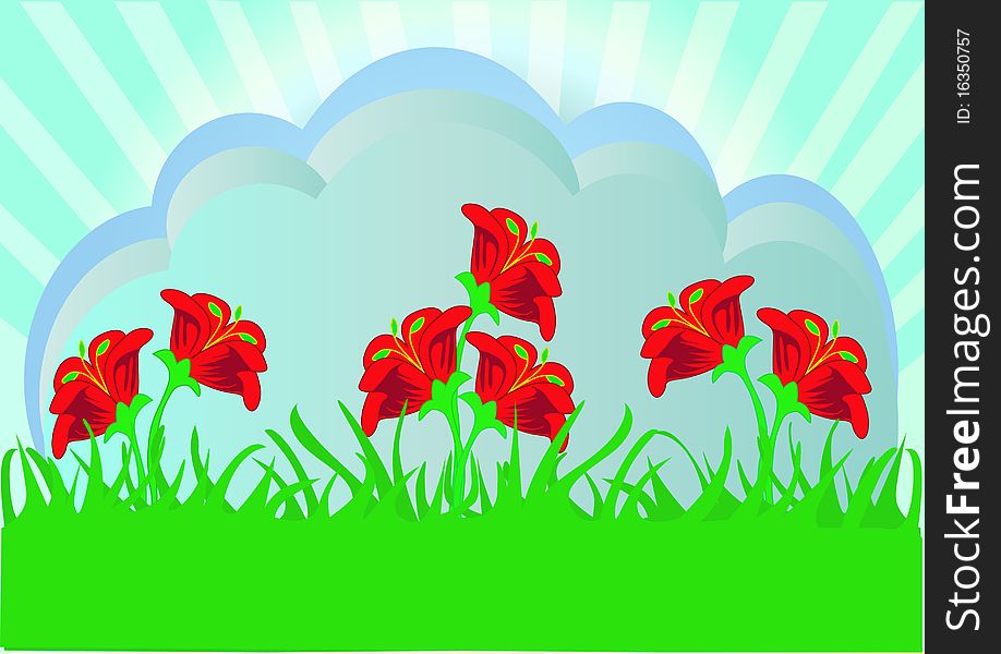 Illustration herb with red flower on background cloud