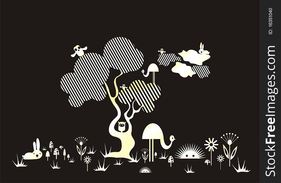 Vector drawing in lines. animals and tree