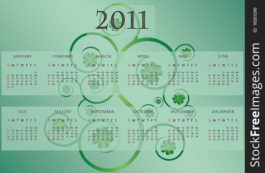 Calender on green background with shamrocks. Calender on green background with shamrocks