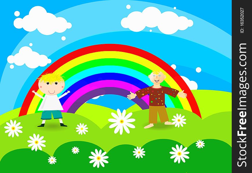 Cheerful boys stands around a rainbow raising his hands to the top. Vector. Cheerful boys stands around a rainbow raising his hands to the top. Vector