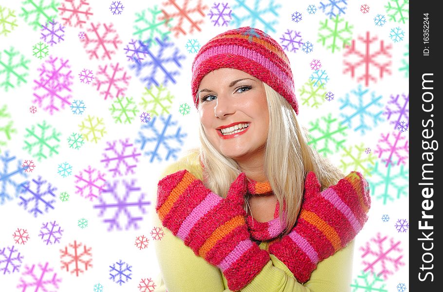 Seasonal portrait of pretty funny woman in hat and gloves smiling. white background. Seasonal portrait of pretty funny woman in hat and gloves smiling. white background