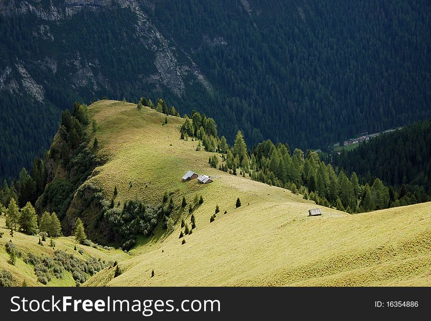 Alpine pastoral view, Fassa Valley, South Tirol. Alpine pastoral view, Fassa Valley, South Tirol.