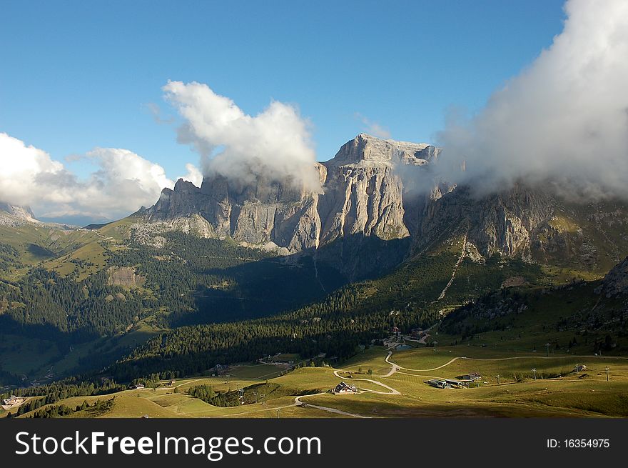 Scenic view of massif Sella in South Tirol. Scenic view of massif Sella in South Tirol.