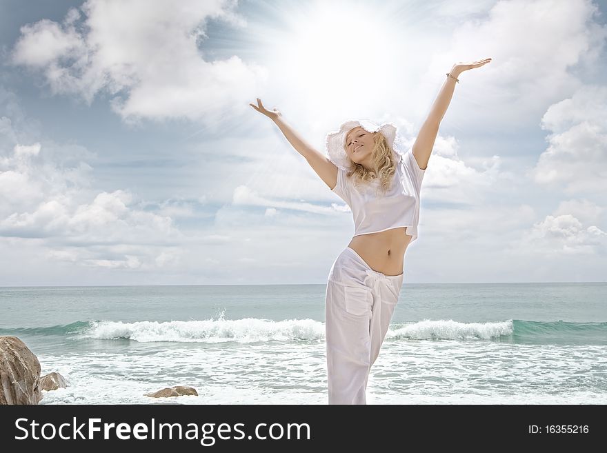 Portrait of nice young woman  having good time on tropical beach. Portrait of nice young woman  having good time on tropical beach